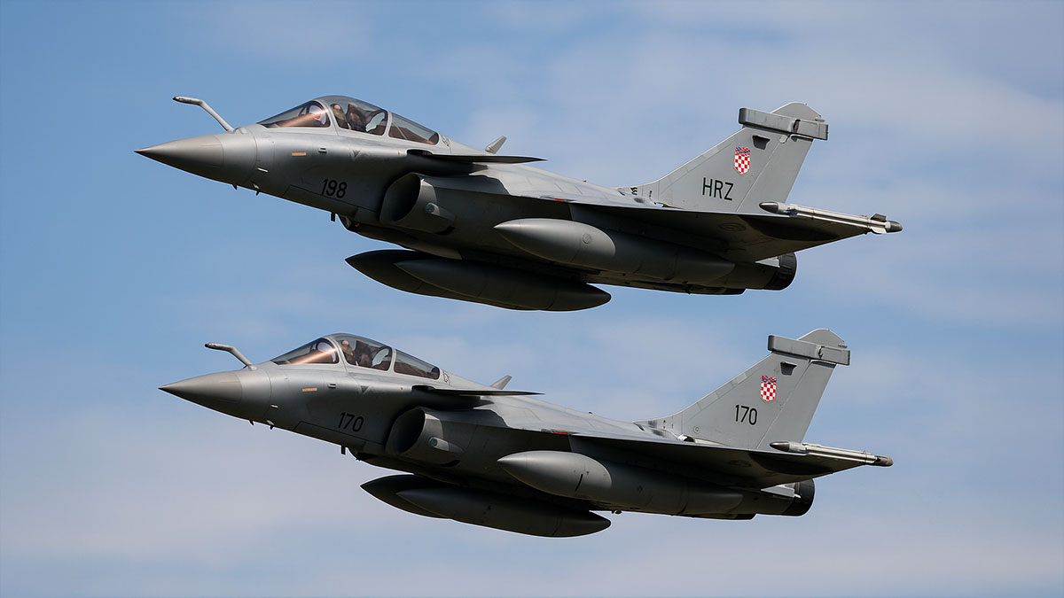 A pair of Croatian Rafale military aircraft fly past during the international aviation meeting AIRVG2025 at Franjo Tu?man Airport in Zagreb on May 10, 2025